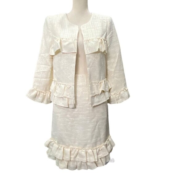 Nanette Lepore Women's Blazer Suit Skirt Set Size 6 Ivory Ruffled Open Front NWT
